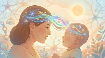 Ilustración de una madre y su bebé de perfil mirándose. Líneas y formas luminosas conectan sus cabezas, representando la actividad cerebral. El fondo tiene neuronas y tonos cálidos.
