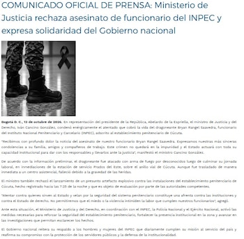 Ministerio de Justicia rechazó el crimen de dragoneante en Cúcuta - crédito Ministerio de Justicia