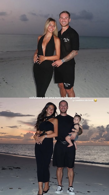 Dos fotos superpuestas de parejas en la playa. La superior muestra una mujer rubia y un hombre. La inferior, una mujer morena, un hombre y una bebé