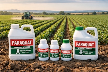 Cinco botellas de Paraquat sobre tierra arada en primer plano, con un gran campo de siembra verde y un tractor pulverizando en la distancia.