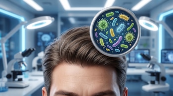 Primer plano de la parte superior de la cabeza de una persona con cabello castaño, y un círculo con bacterias y microbios de colores; fondo de laboratorio.