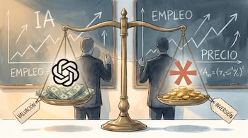 Ilustración de una balanza: platillo izquierdo con logo OpenAI, billetes y 'valuación'; derecho con logo Anthropic, monedas y 'inversión'. Ejecutivos manipulan. Pizarras con 'IA' y 'empleo'.