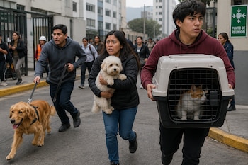 Tres personas corren con mascotas: un hombre con un golden retriever con correa, una mujer con un perro blanco, y un hombre con un gato en un transportador. Fondo con edificios y cartel de punto de reunión