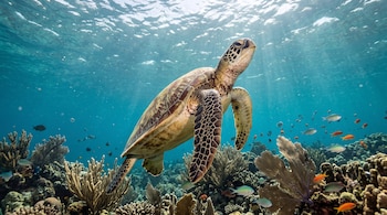 Una tortuga marina nada en agua transparente sobre un arrecife con peces pequeños y rayos de luz.