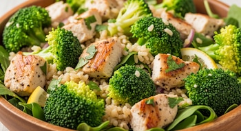 Primer plano de una ensalada en cuenco de madera. Contiene trozos de pollo, brócoli, arroz yamaní, hojas verdes, perejil picado y rodajas de limón.