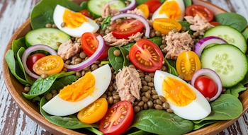 Primer plano de una ensalada de lentejas en un cuenco de madera, con rodajas de huevo duro, tomate cherry, atún, cebolla morada, espinacas y pepino.