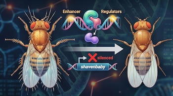 Ilustração científica de duas moscas da fruta, uma com cabelo e outra sem, ao lado de filamentos de DNA e proteínas reguladoras de genes.
