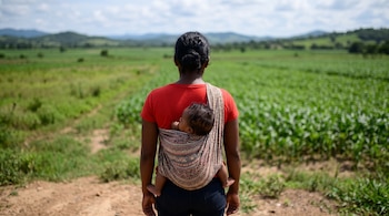 Mujer latina de espalda con cabello recogido lleva un bebé en un portabebés de tela estampado en la espalda, frente a un campo verde y montañas.