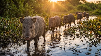 Varios pecaríes caminan en fila sobre un cuerpo de agua con plantas acuáticas y vegetación bajo la luz del sol poniente.