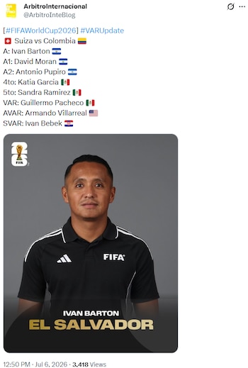 Terna arbitral para el Colombia vs. Suiza - crédito @ArbitroInteBlog/X