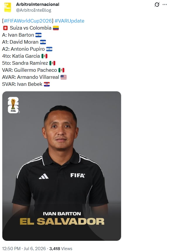 Terna arbitral para el Colombia vs. Suiza - crédito @ArbitroInteBlog/X