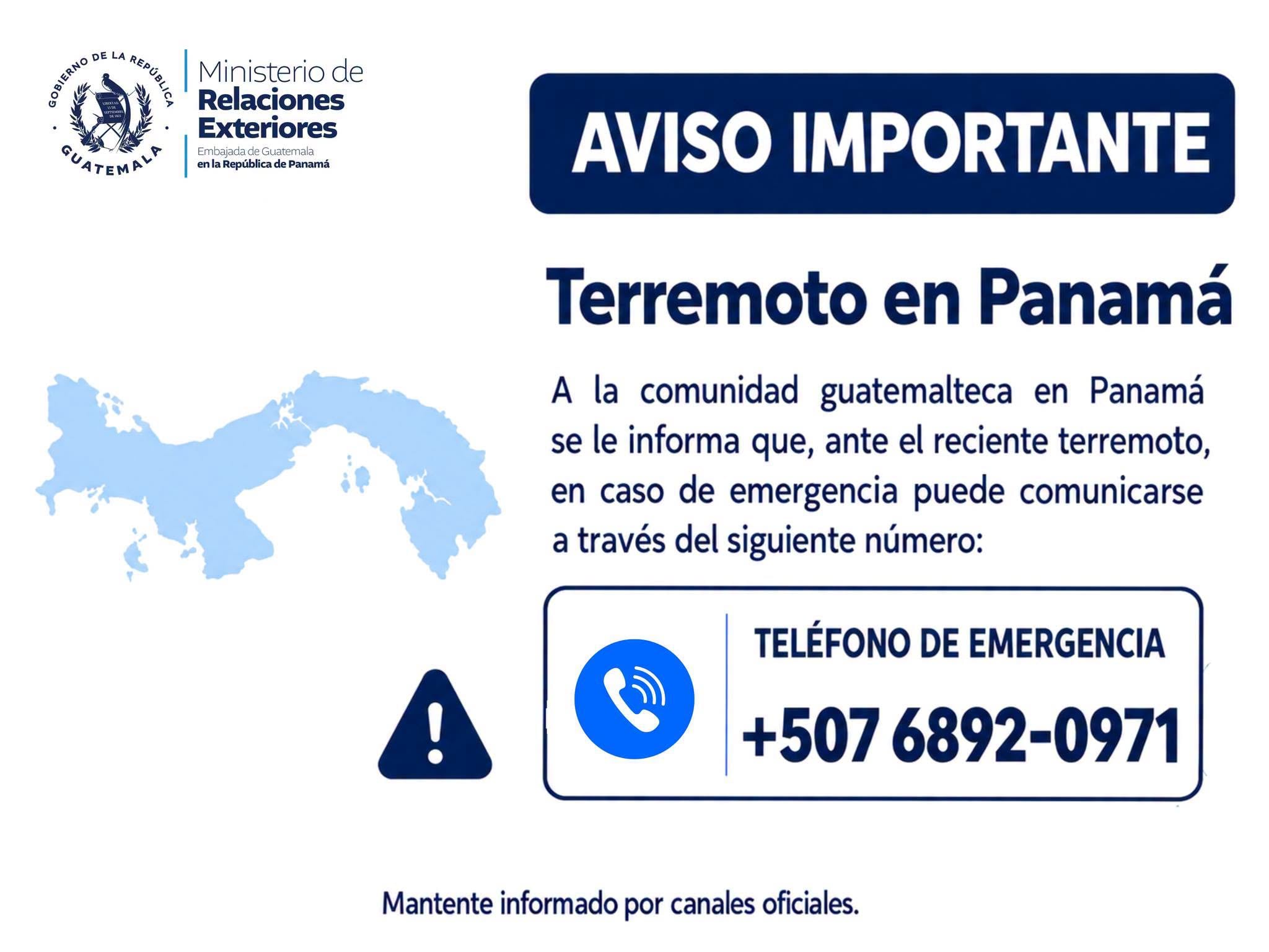 La Embajada de Guatemala en Panamá pone a disposición un teléfono de asistencia para la comunidad guatemalteca tras un reciente terremoto. (Ministerio de Relaciones Exteriores)