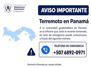 Comunicado institucional con el escudo de Guatemala, un mapa de Panamá, un ícono de alerta y el teléfono de emergencia +507 6892-0971