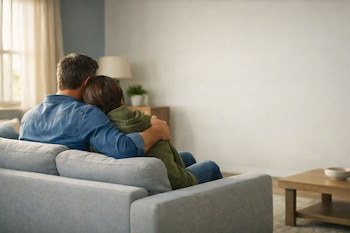 Un padre y su hijo/a, de espaldas, sentados en un sofá gris claro, abrazados. Luz de tarde entra por una ventana lateral en un salón moderno.