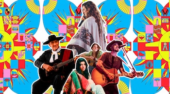 Collage de cinco personas con instrumentos musicales y micrófono, tres mujeres y dos hombres, sobre un fondo con patrones geométricos y símbolos coloridos.
