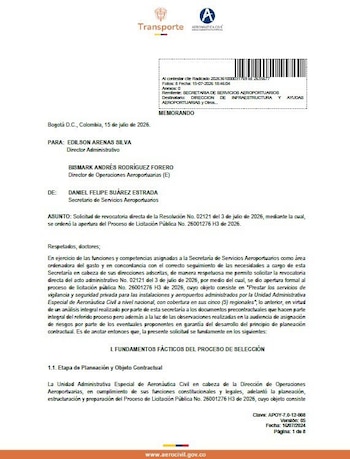 La licitación cancelada buscaba contratar la vigilancia y seguridad privada de los aeropuertos del país durante cinco meses, entre agosto y diciembre de 2026 - crédito @PalomaValenciaL/X
