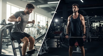 Un hombre entrena de día en una máquina de pecho en un gimnasio luminoso, mientras que otro hombre musculoso sostiene una barra con pesas en un gimnasio oscuro.