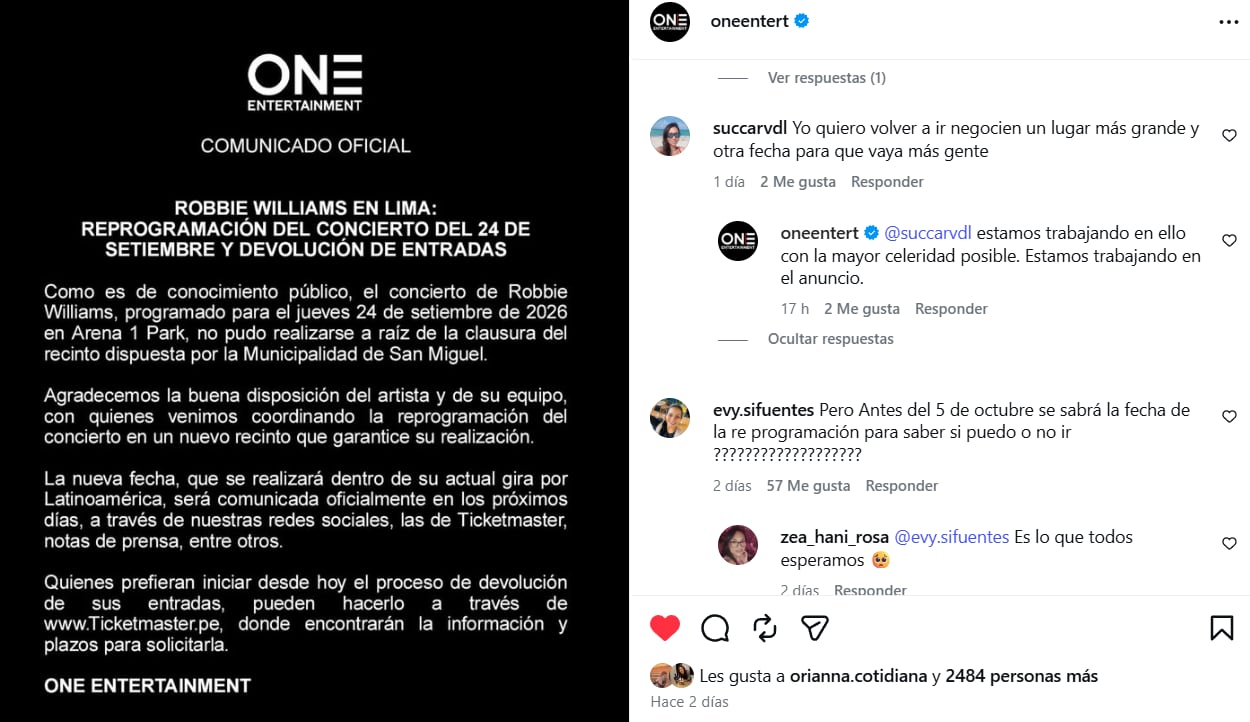 Productora respondió a preocupación de fans de Robbie Williams. One Entertainment/ IG