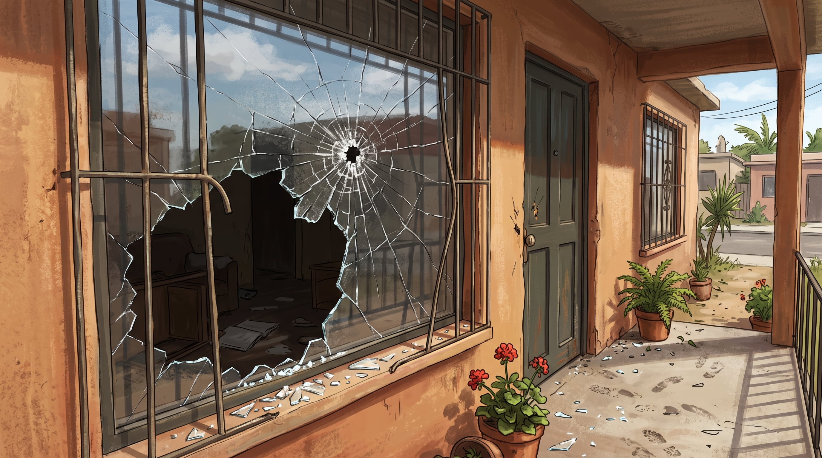 La ventana con rejas de una vivienda presenta el vidrio destruido y restos de cristal sobre el suelo tras un ingreso forzado. (Imagen Ilustrativa Infobae)