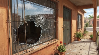 Ventanal de una vivienda con el vidrio roto y rejas de protección, trozos de cristal en el suelo y la repisa, y una puerta de madera verde.