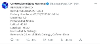 Sismo sacudió a la ciudad de Cañete durante la madrugada.