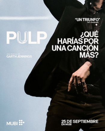 Afiche publicitario con el texto Pulp, el nombre del director Garth Jennings y una persona vestida con chaqueta oscura