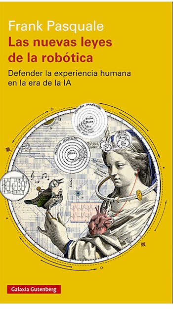 Portada de libro amarillo con ilustración circular que mezcla un rostro femenino, manos con un pájaro, un corazón y diagramas de circuitos y médicos
