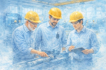 Ilustración estilo acuarela de tres hombres, abuelo, padre e hijo, con cascos amarillos y gafas de seguridad, examinando maquinaria en una planta industrial.