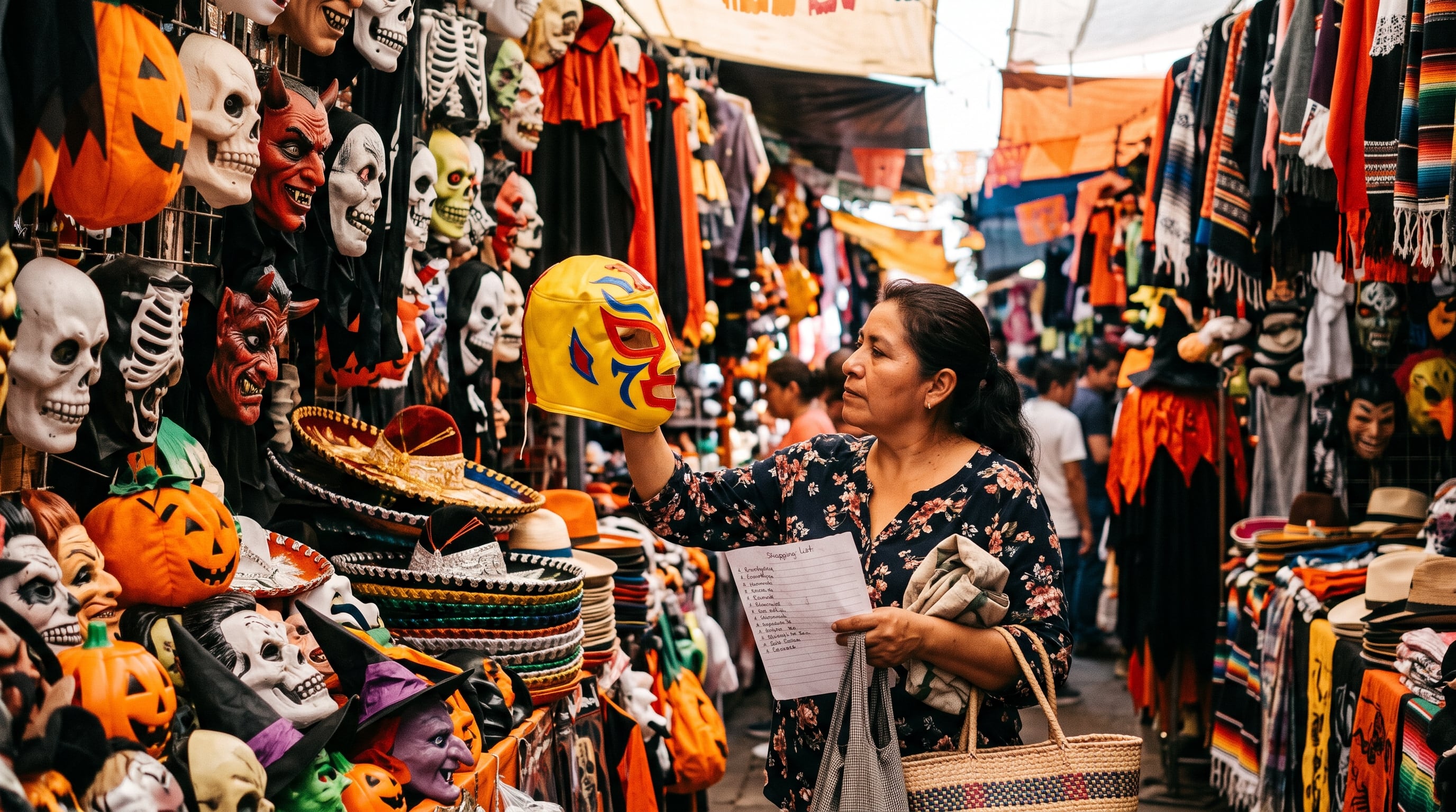 Una mujer consulta una lista de compras mientras sostiene una máscara de lucha libre en un puesto de disfraces de un mercado popular mexicano. (Imagen Ilustrativa Infobae)