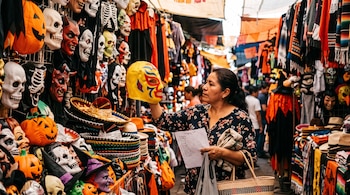 Una mujer con una lista en mano observa una máscara amarilla en un puesto con máscaras de calaveras, sombreros y disfraces festivos.