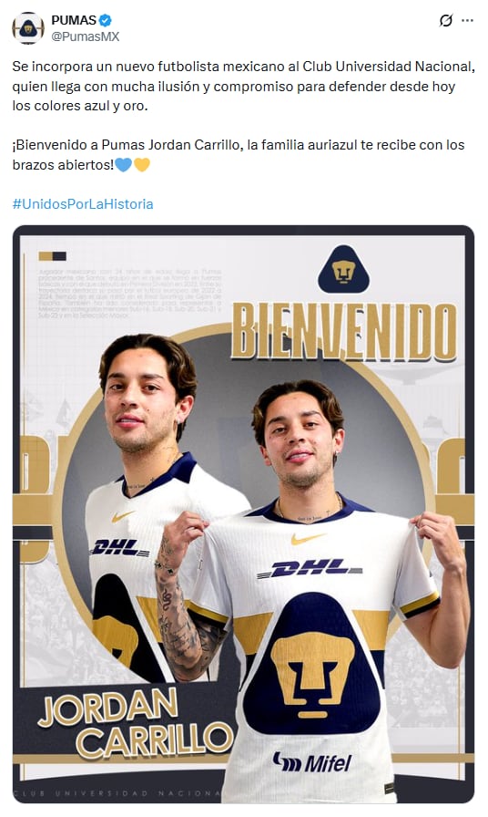 Así presentó el Club Universidad Nacional a su cuarto refuerzo para el Clausura 2026, Jordan Carrillo. (X/ @PumasMX)
