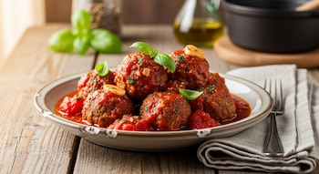 Un plato contiene albóndigas en salsa de tomate con albahaca y ajo sobre una mesa de madera, con una servilleta, un tenedor, una botella de aceite y un bote en el fondo.