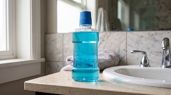Botella de plástico con líquido azul y tapón azul sobre una encimera de baño cerca de un grifo metálico y una toalla.