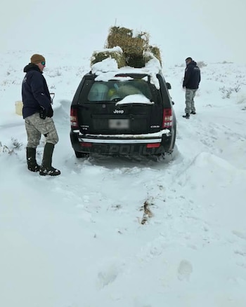 Dos hombres, un vehículo todoterreno Jeep negro con fardos de heno en el techo, un paisaje cubierto de nieve