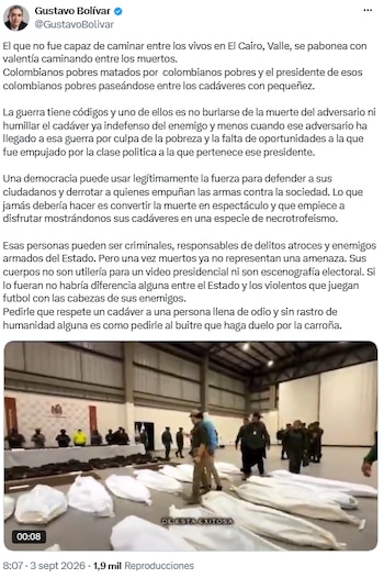 Gustavo Bolívar criticó la exhibición de cuerpos tras una operación contra grupos armados - crédito @GustavoBolivar/X