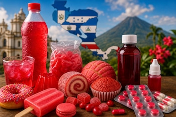Alimentos de color rojo, refrescos, golosinas y medicamentos sobre una mesa de madera con un mapa de Centroamérica y un volcán al fondo.