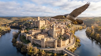 Un halcón en primer plano vuela sobre una villa fortificada con castillo y murallas de piedra rodeadas por un río.