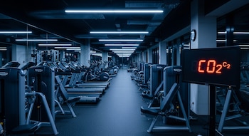 Interior de gimnasio moderno con máquinas de ejercicio, cintas de correr y bicicletas elípticas. Un monitor negro muestra "CO2" en rojo brillante.