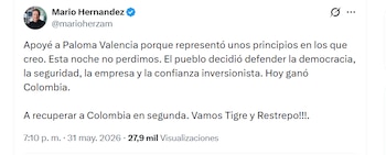 Mario Hernández se pronuncia en X tras la primera vuelta presidencial en Colombia - crédito X