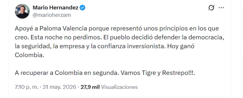 Mario Hernández se pronuncia en X tras la primera vuelta presidencial en Colombia - crédito X