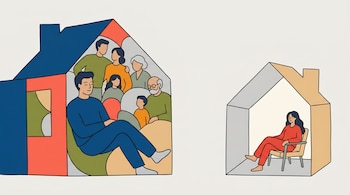Ilustración plana de dos casas: una grande y colorida con un hombre rodeado de una familia numerosa, y otra pequeña con una mujer sentada sola.