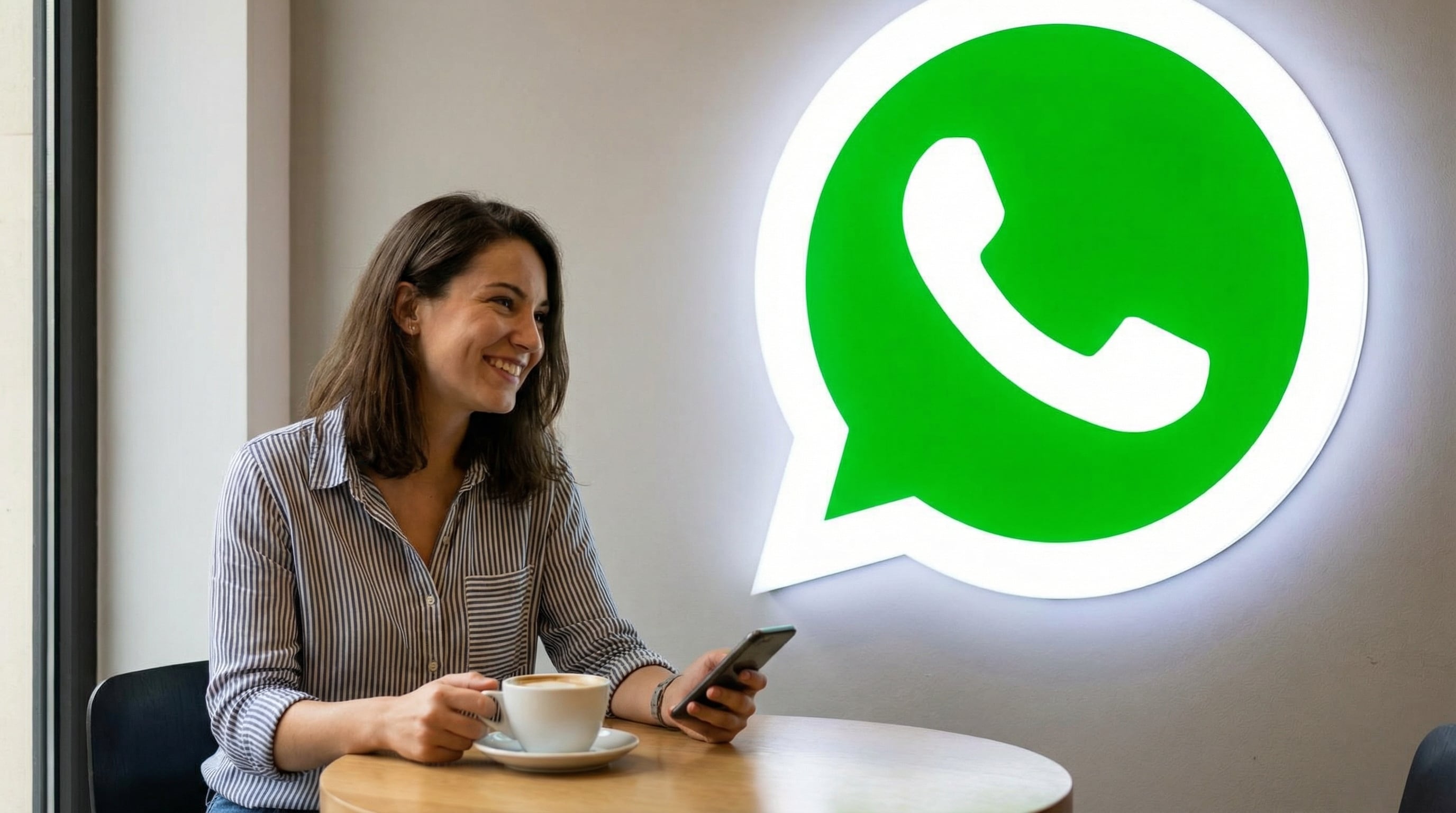 Una mujer joven sentada en una cafetería sostiene su teléfono junto al logo iluminado de WhatsApp. (Imagen Ilustrativa Infobae)