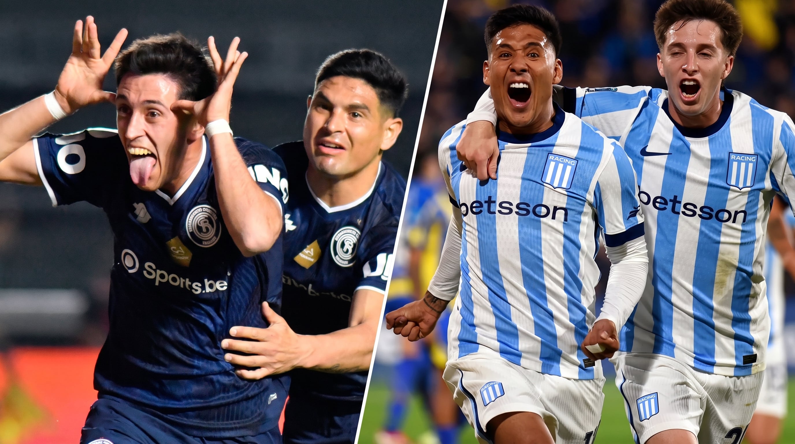 Jugadores de Independiente Rivadavia y Racing Club celebran anotaciones durante sus respectivos encuentros de fútbol. (Imagen Ilustrativa Infobae)