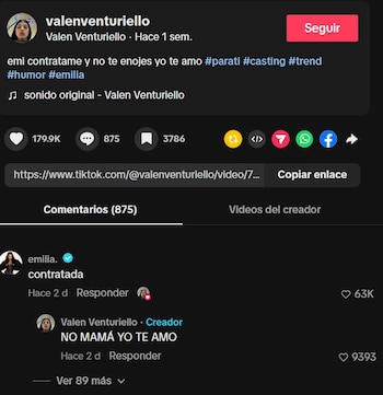 El comentario 'Contratada' de Emilia Mernes en TikTok convirtió la broma de Valentina en tendencia viral entre sus seguidores