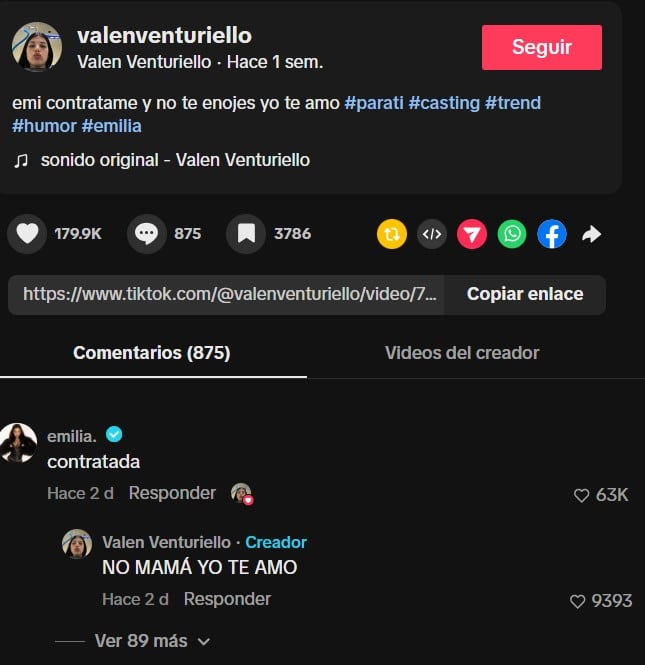 El comentario 'Contratada' de Emilia Mernes en TikTok convirtió la broma de Valentina en tendencia viral entre sus seguidores