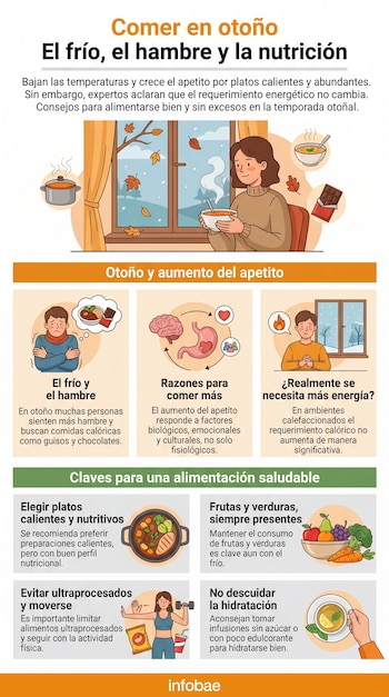 Infografía sobre comer en otoño. Muestra ilustraciones de personas comiendo sopa, con frío, y gráficos sobre razones del apetito y consejos de nutrición.
