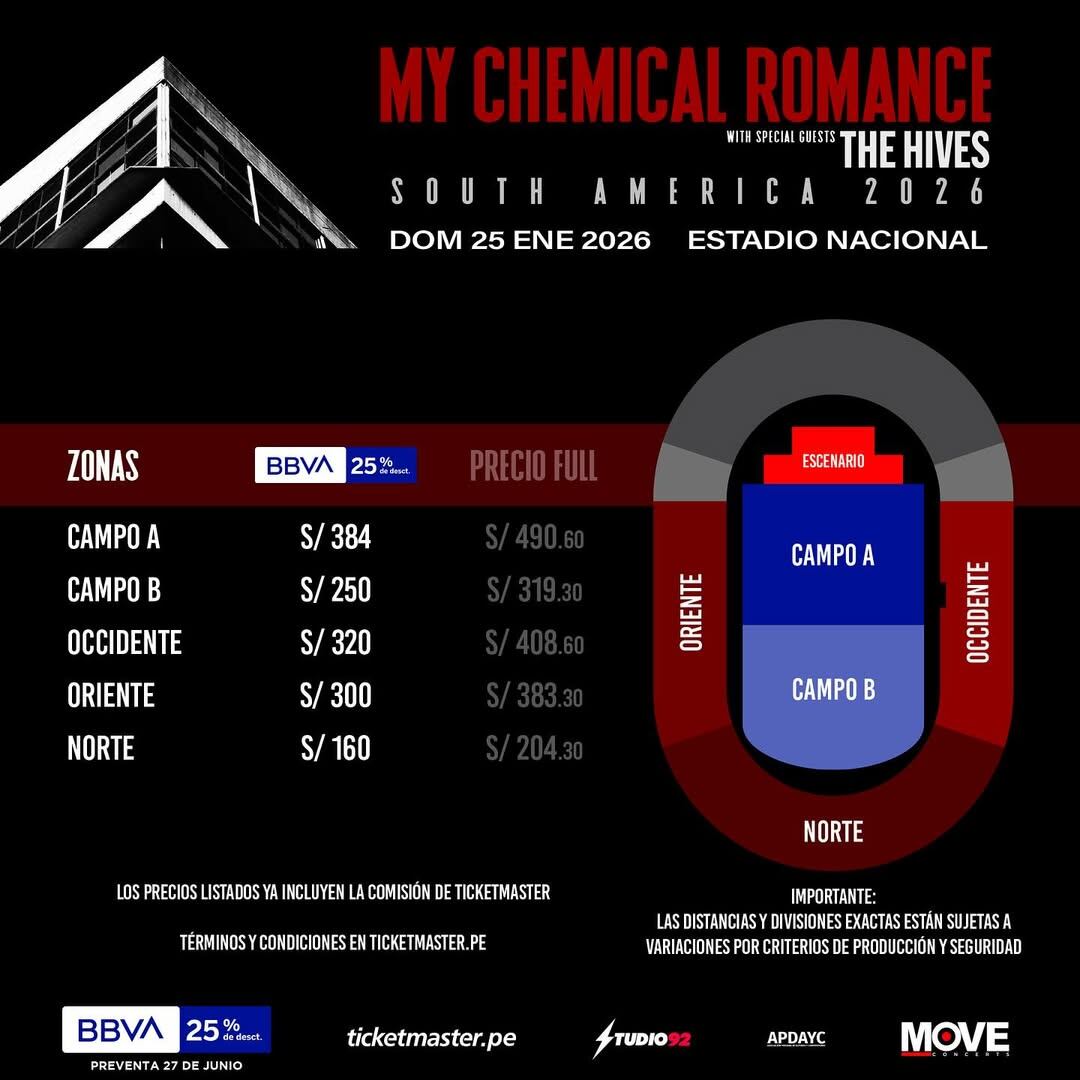 Entradas para My Chemical Romance en Perú: precios, zonas y cuándo inicia la preventa