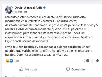 El gobernador de Zacatecas envió el pésame a los familiares de los pasajeros sin vida | Foto: Facebook David Monreal Avila