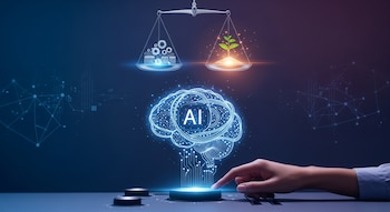 Mano presiona botón brillante unido a cerebro luminoso con "AI". Balanza con engranajes y planta. Fondo oscuro, elementos de circuito.