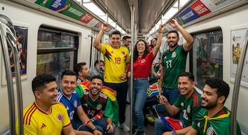 Grupo de personas sonriendo, algunas con camisetas de fútbol de Colombia y México, y banderas de Sudáfrica, dentro de un vagón del Metro de CDMX.